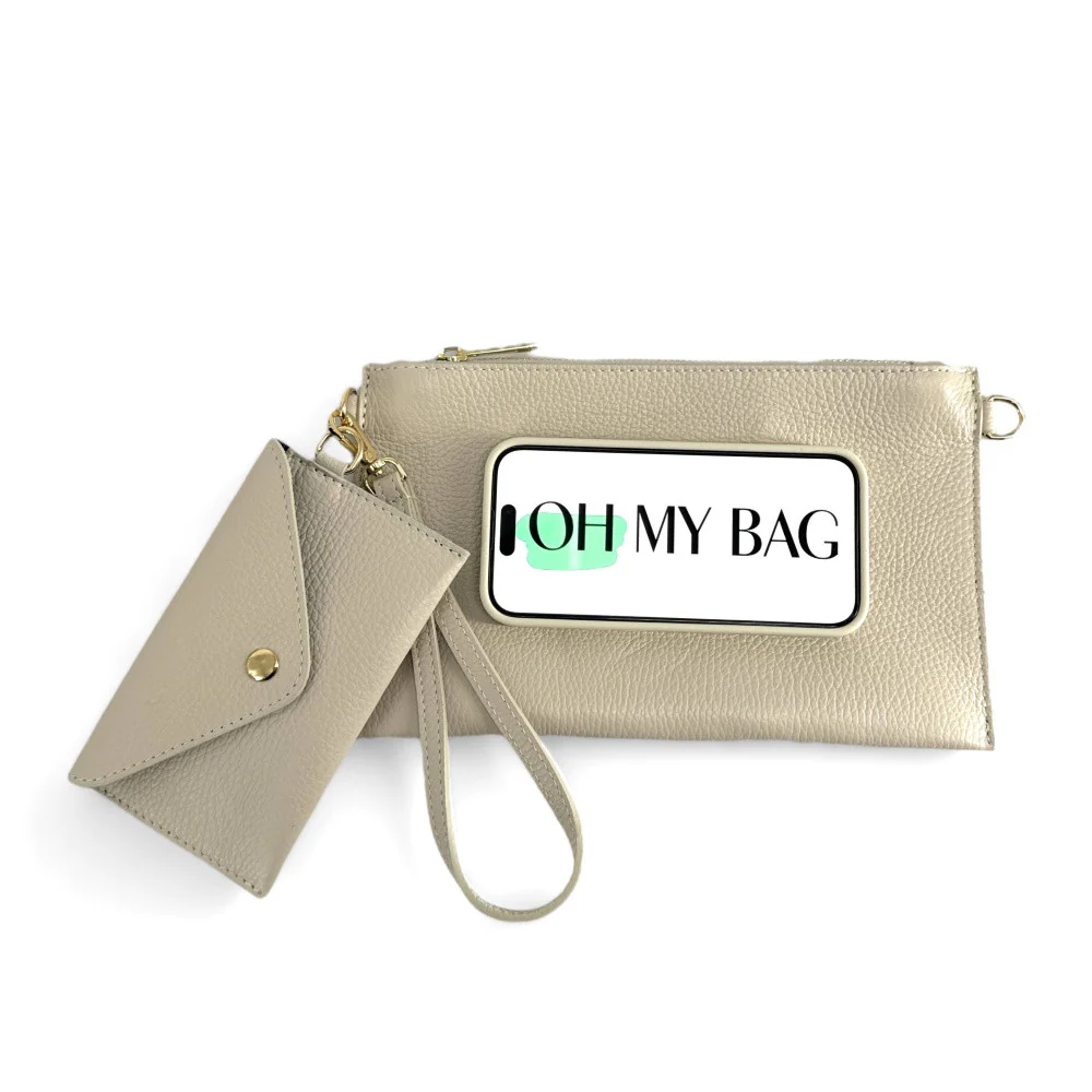 Ensemble sac pochette et porte-cartes en cuir grainé  TWICE Beige crème - Image 6