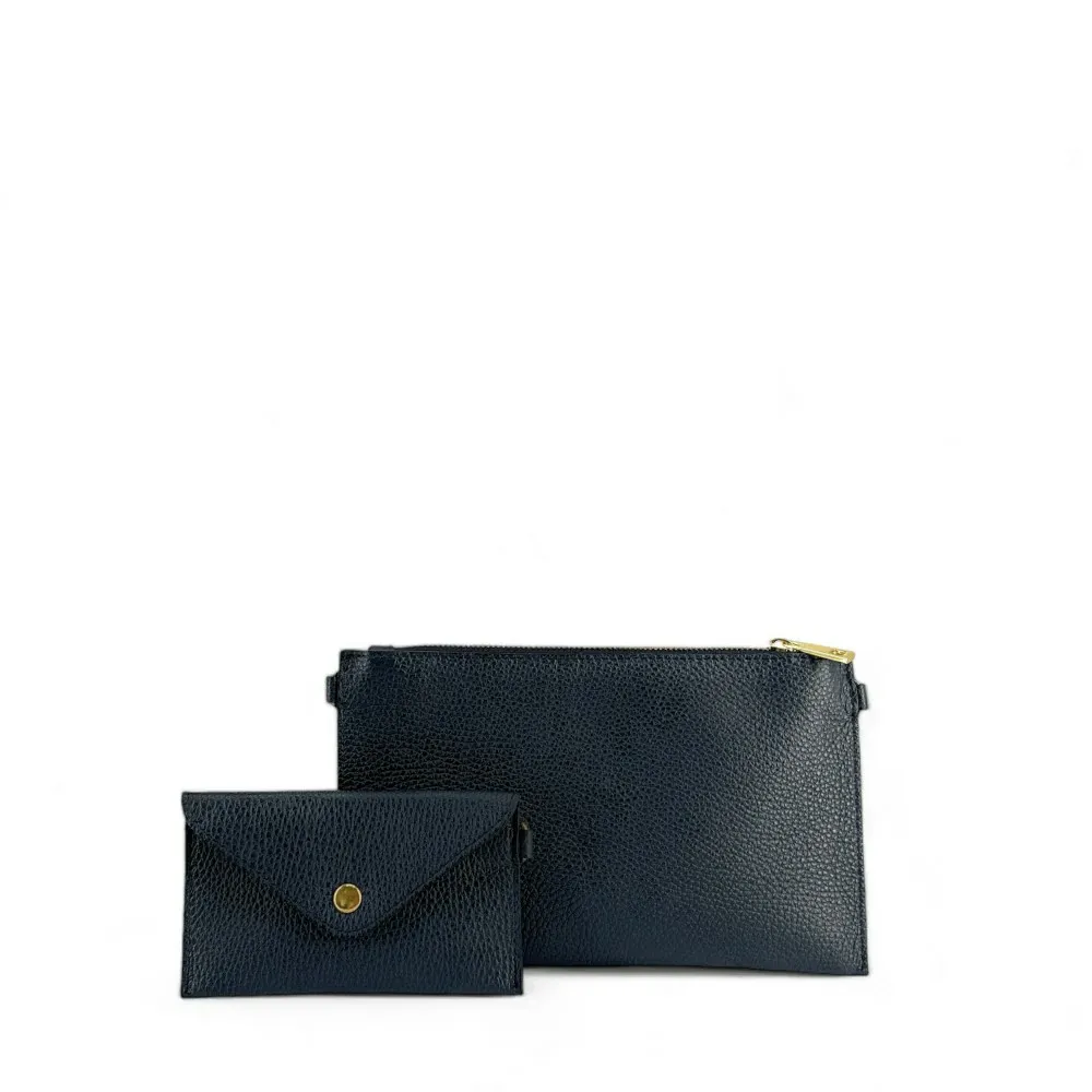 Ensemble sac pochette et porte-cartes en cuir grainé  TWICE Bleu marine