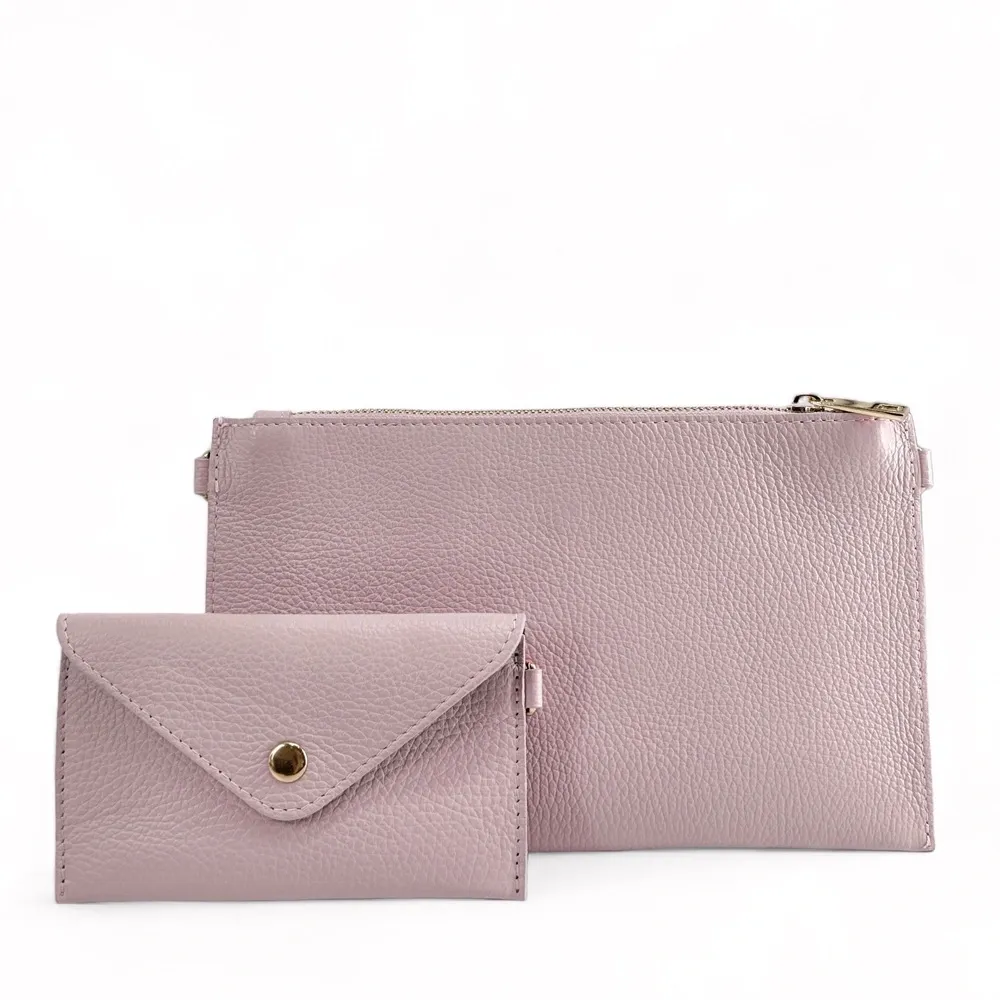 Ensemble sac pochette et porte-cartes en cuir grainé TWICE Rose pâle - Image 4