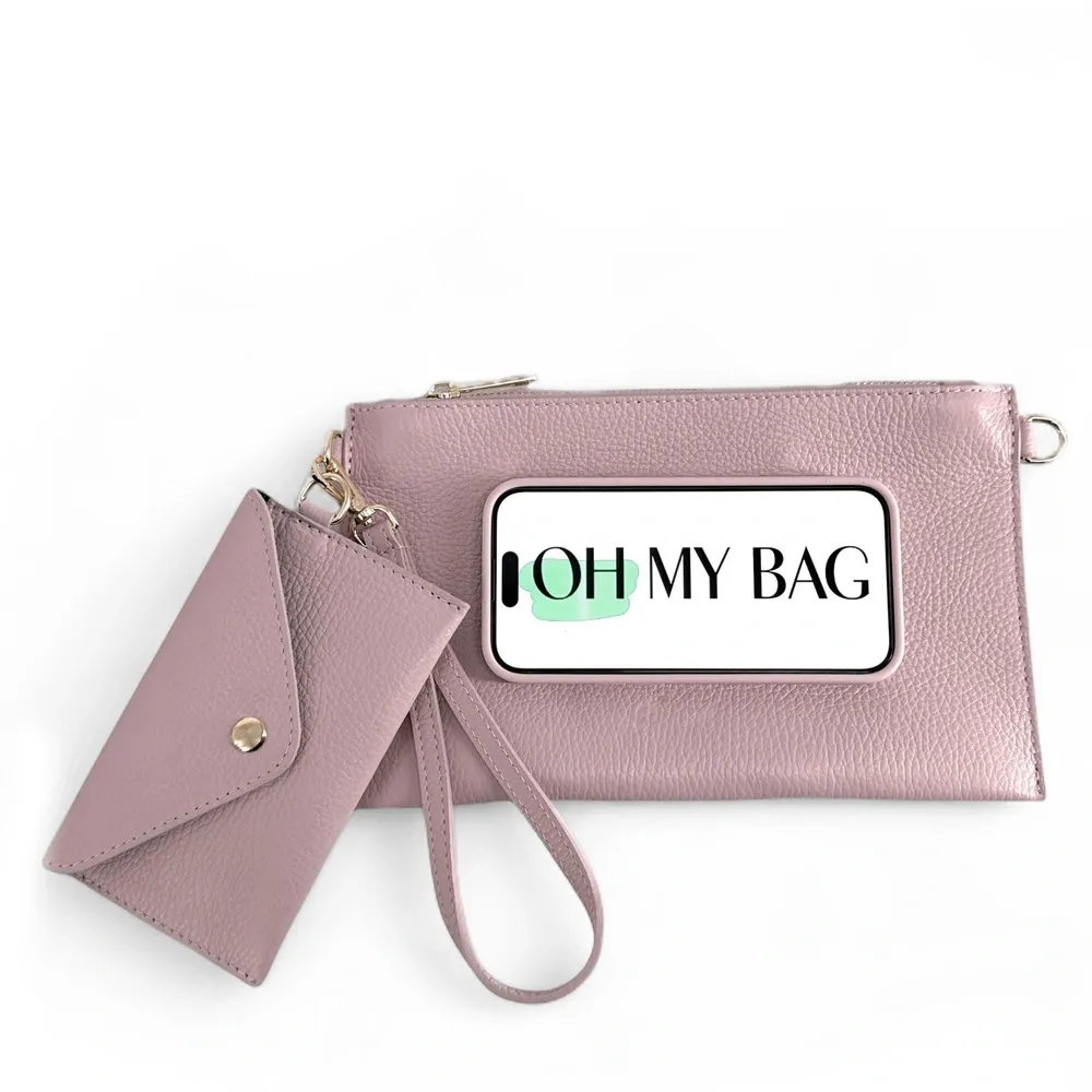 Ensemble sac pochette et porte-cartes en cuir grainé TWICE Rose pâle - Image 6
