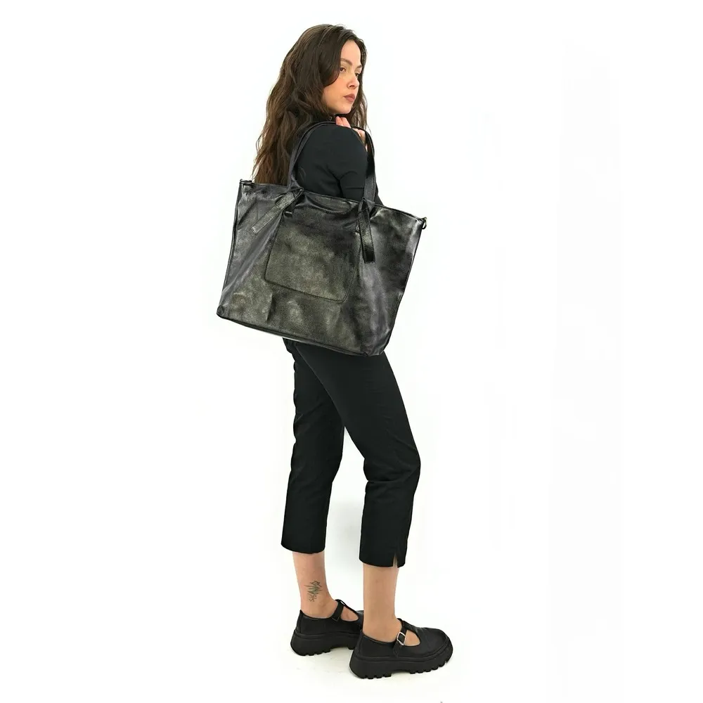 Grand sac cabas en cuir irisé CASSIOPEE Noir irisé - Image 12
