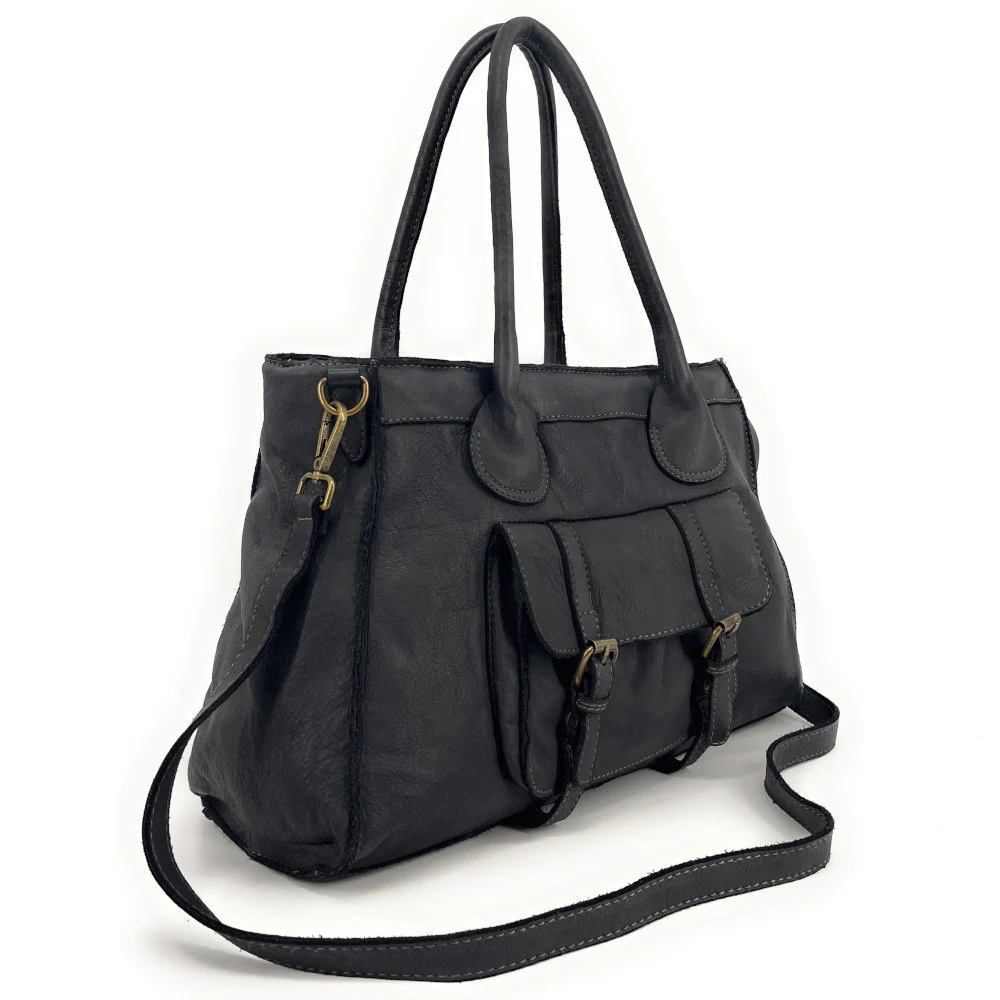 Grand sac cabas en cuir vintage ALBUS Noir - Image 3