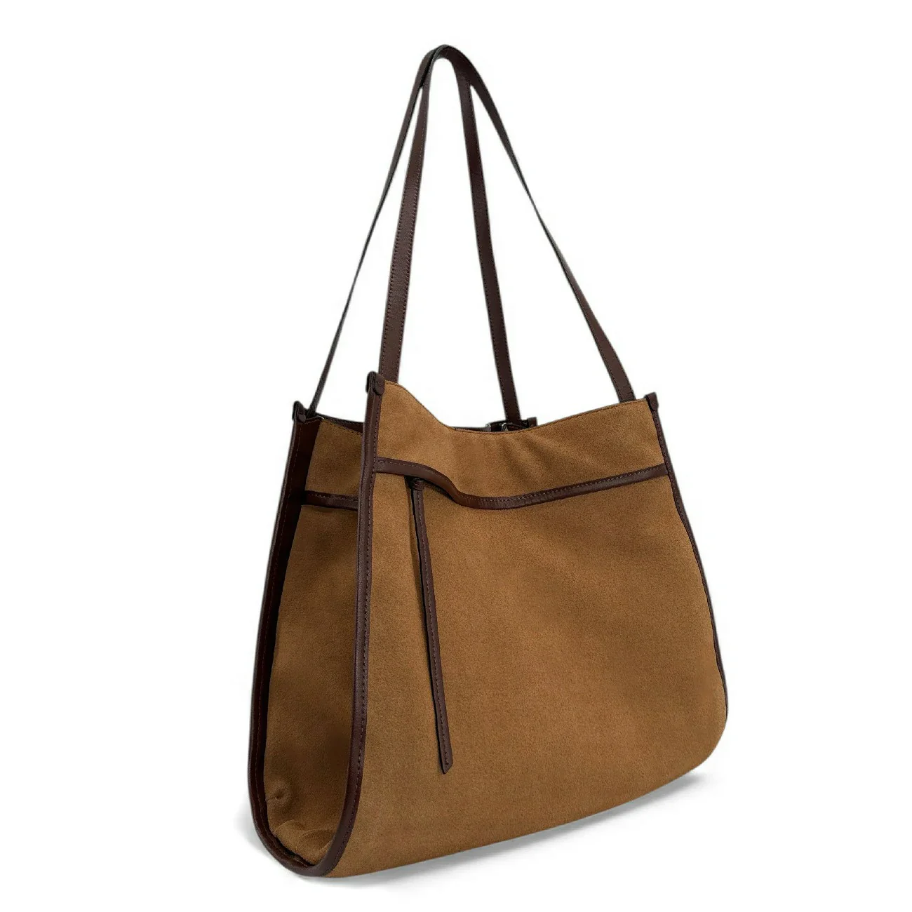 Grand sac cabas en daim et cuir lisse PURDAY Camel foncé - Image 6