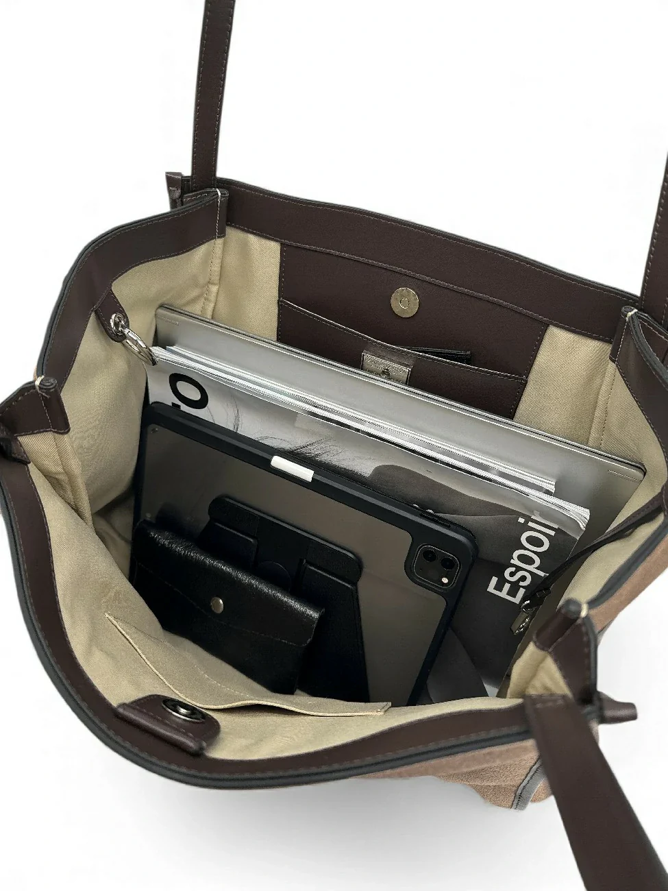 Grand sac cabas en daim et cuir lisse PURDAY Taupe foncé - Image 10