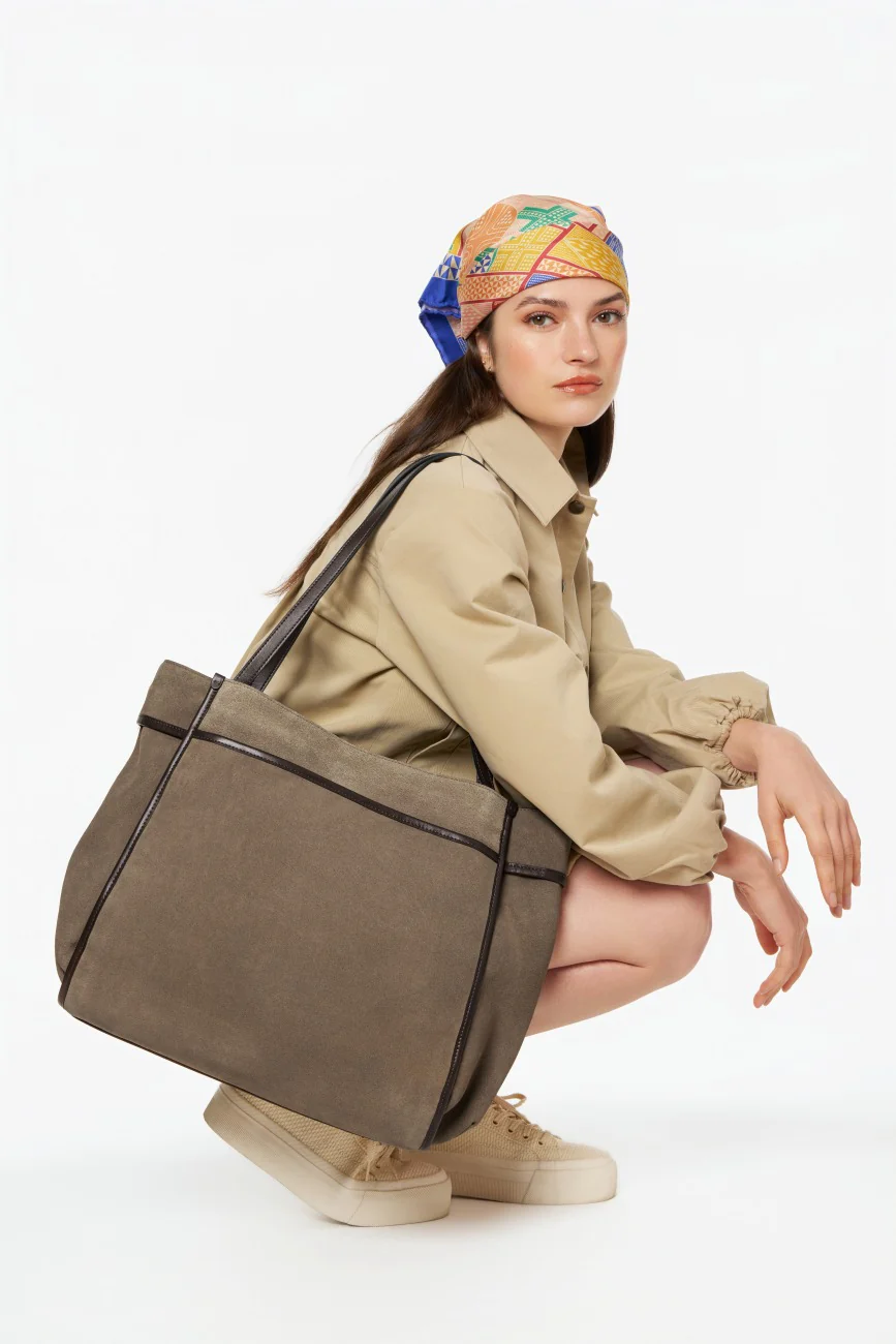 Grand sac cabas en daim et cuir lisse PURDAY Taupe foncé - Image 2
