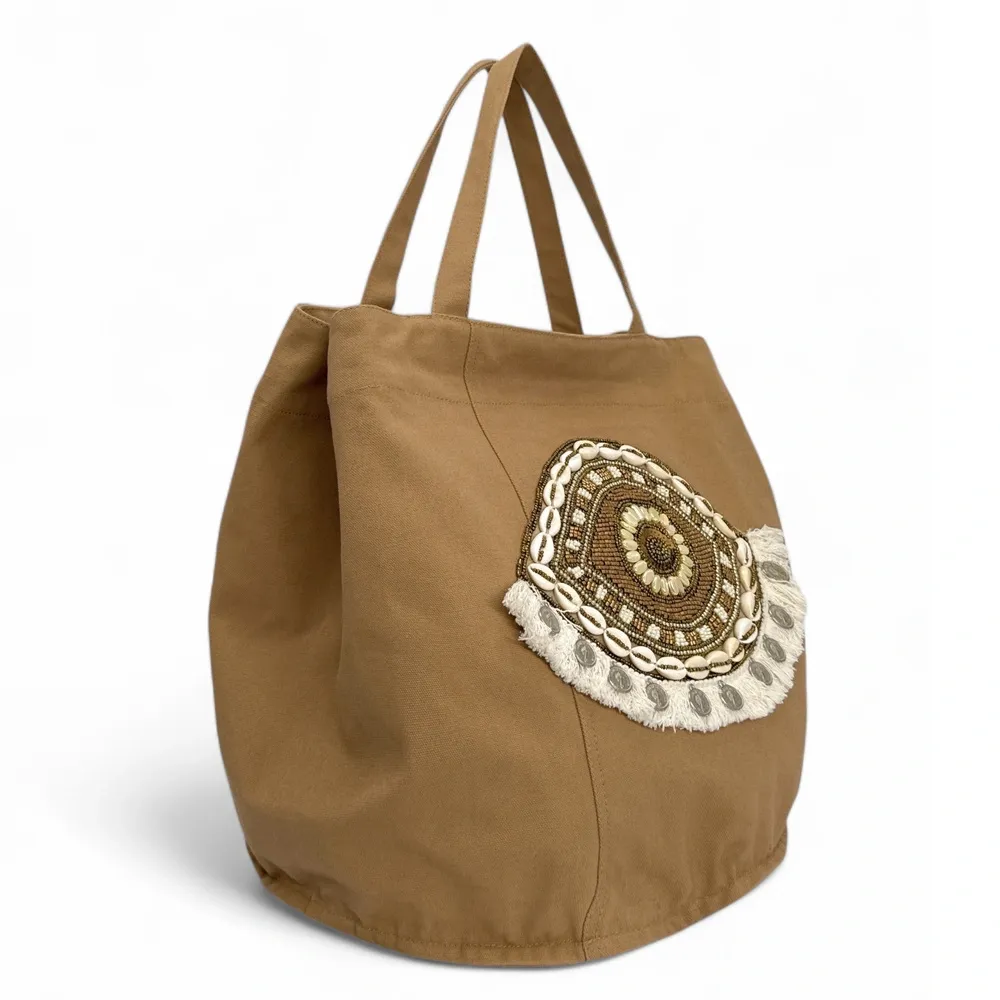 Grand sac en coton et perles I SEA YOU Taupe - Image 4