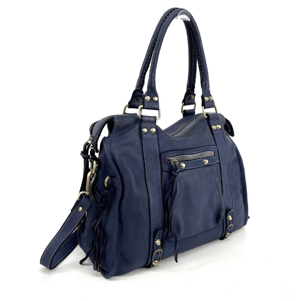 Grand sac porté épaule en cuir souple tannage végétal STORM XL HURRICAN Bleu profond - Image 2