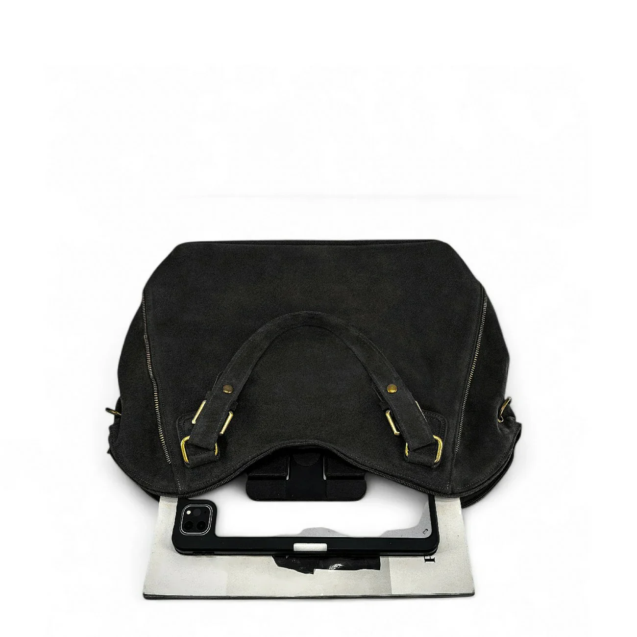 Grand sac hobo en croûte de cuir CAMELIA SUEDE Noir - Image 8