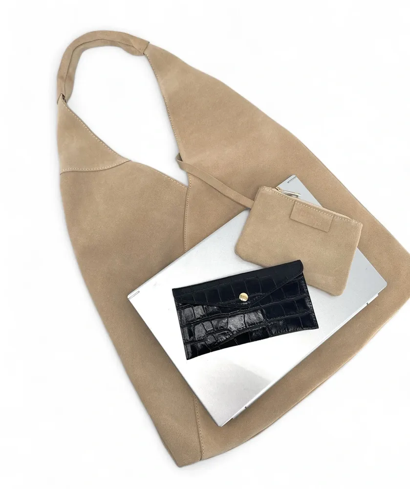 Grand sac hobo en daim EOLIA Taupe clair - Image 6