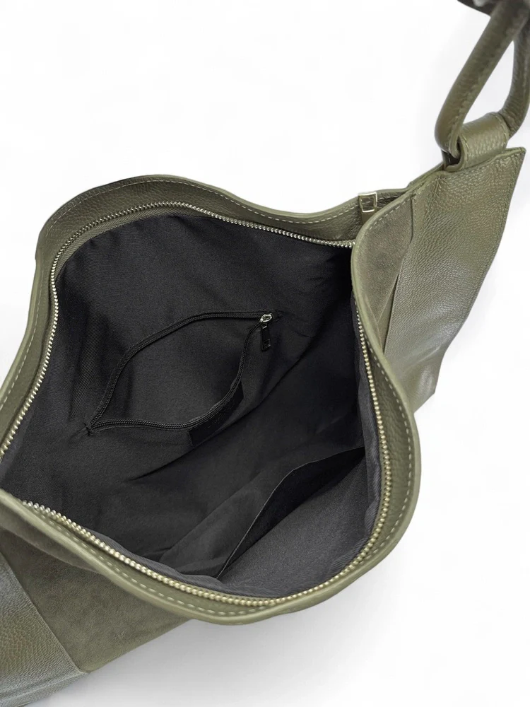 Grand sac porté épaule en daim et cuir grainé KNOT Kaki - Image 5