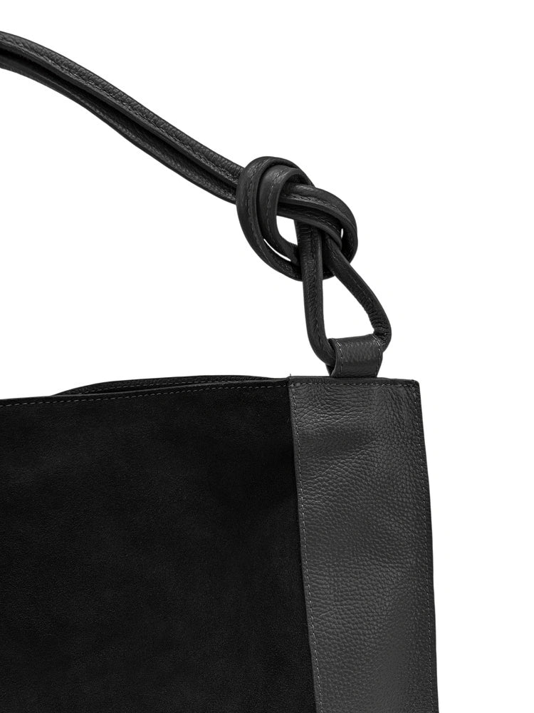 Grand sac porté épaule en daim et cuir grainé KNOT Noir - Image 4