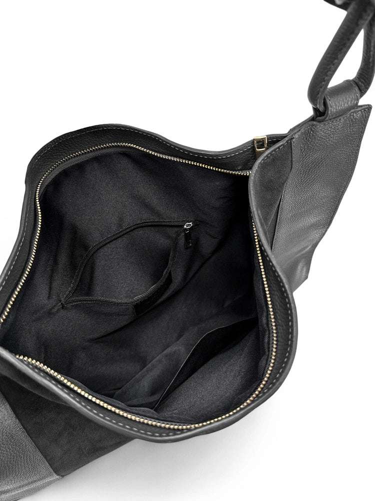 Grand sac porté épaule en daim et cuir grainé KNOT Noir - Image 5