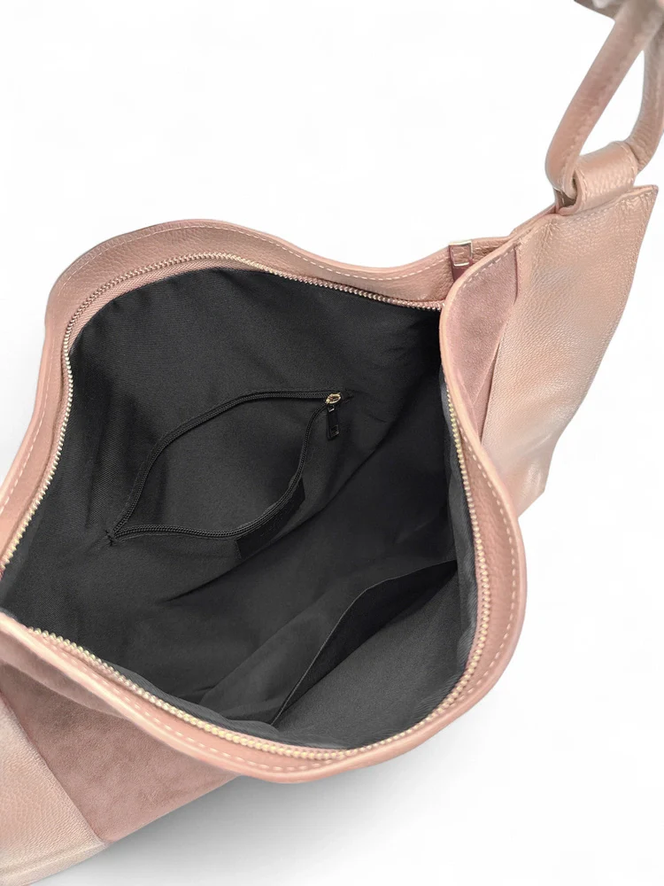 Grand sac porté épaule en daim et cuir grainé KNOT Rose nude - Image 5