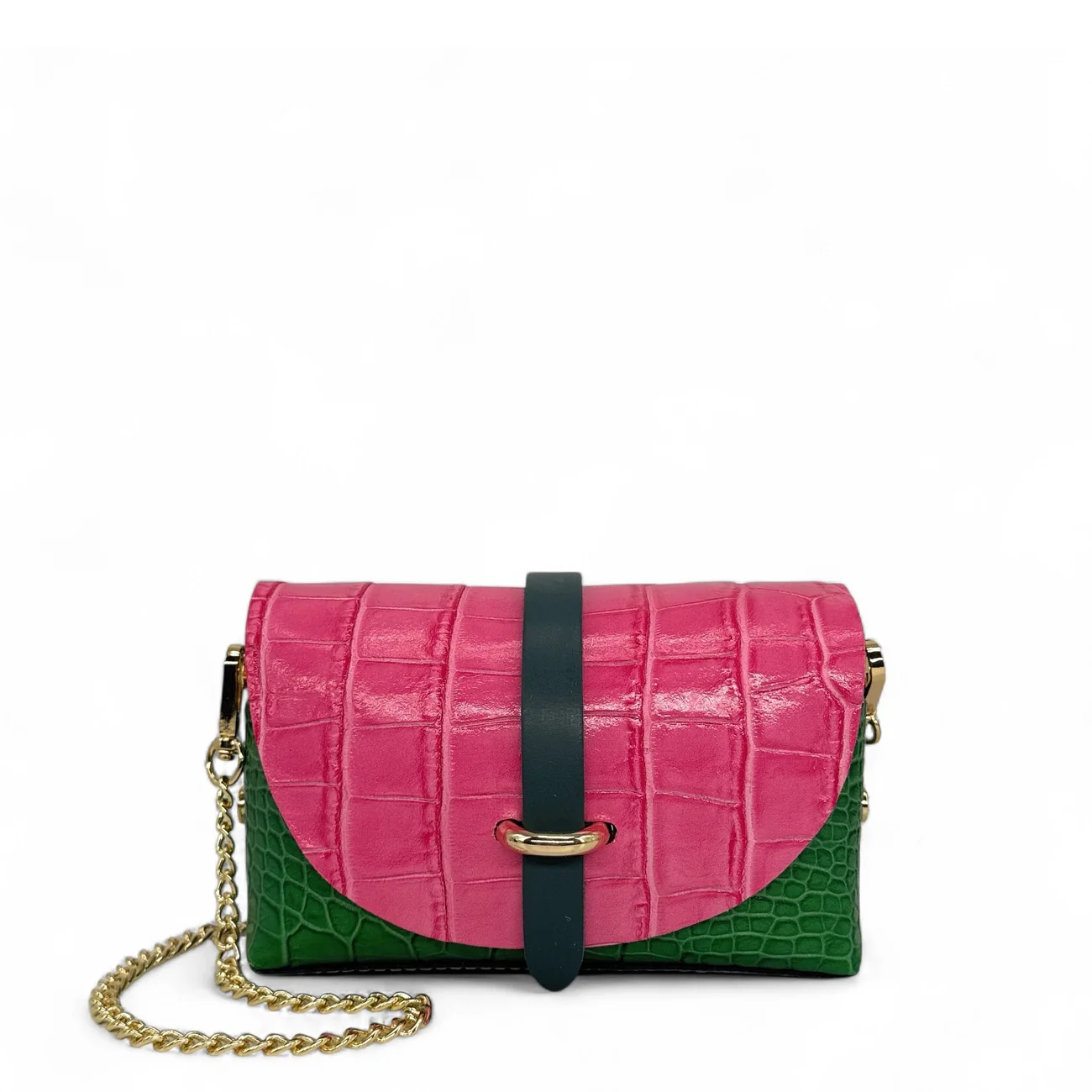 Mini sac à main en cuir à motif façon croco CANDY CRUSH Rose fuchsia et Vert anglais - Image 4