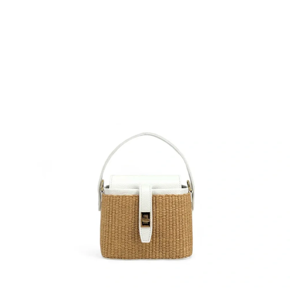 Mini-sac à main en cuir et raphia SIENNA Blanc
