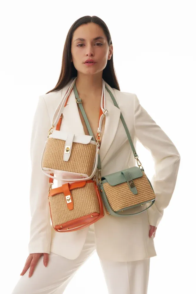 Mini-sac à main en cuir et raphia SIENNA Blanc - Image 2