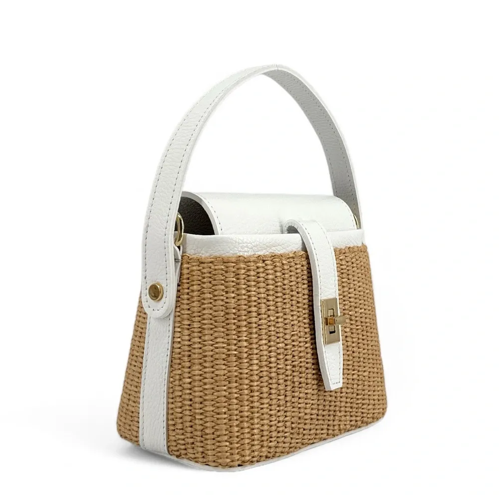 Mini-sac à main en cuir et raphia SIENNA Blanc - Image 3