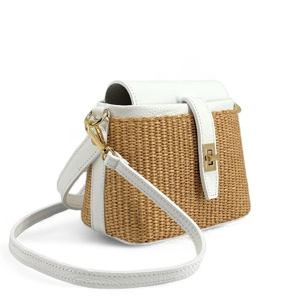 Mini-sac à main en cuir et raphia SIENNA Blanc - Image 5
