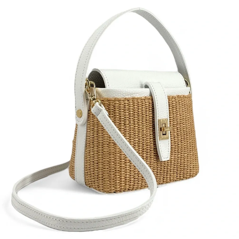 Mini-sac à main en cuir et raphia SIENNA Blanc - Image 6