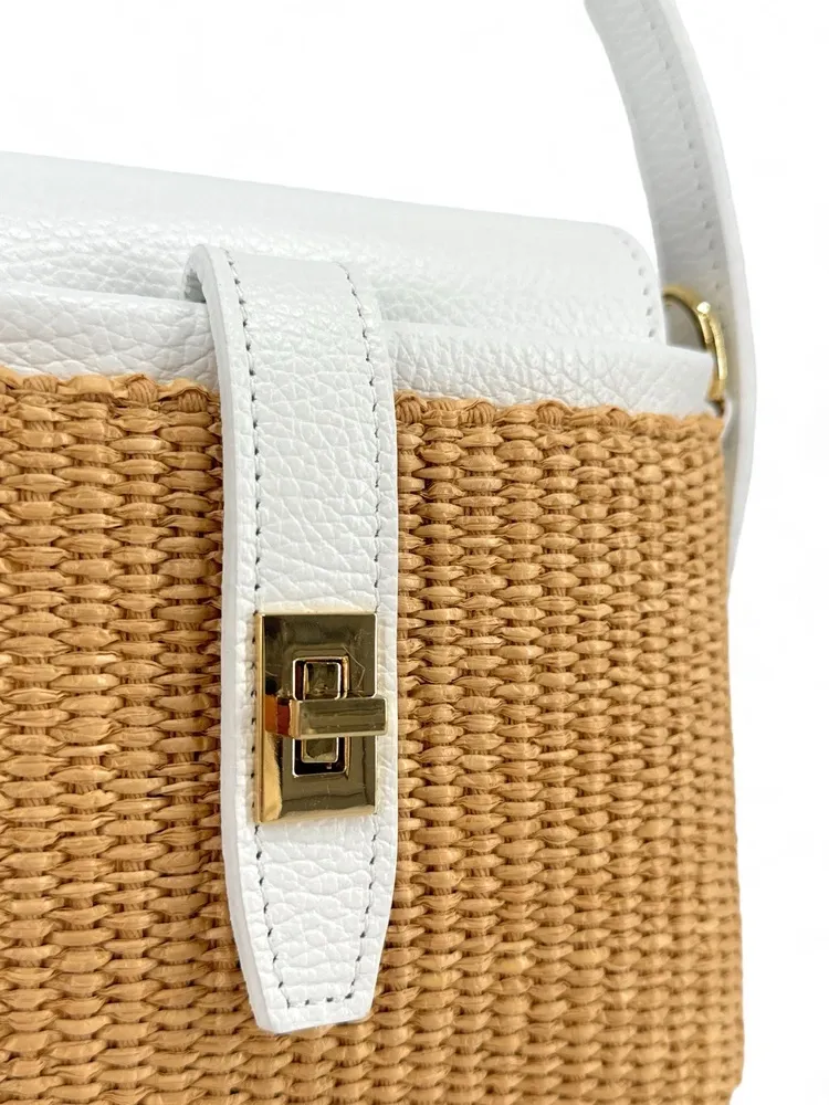 Mini-sac à main en cuir et raphia SIENNA Blanc - Image 7