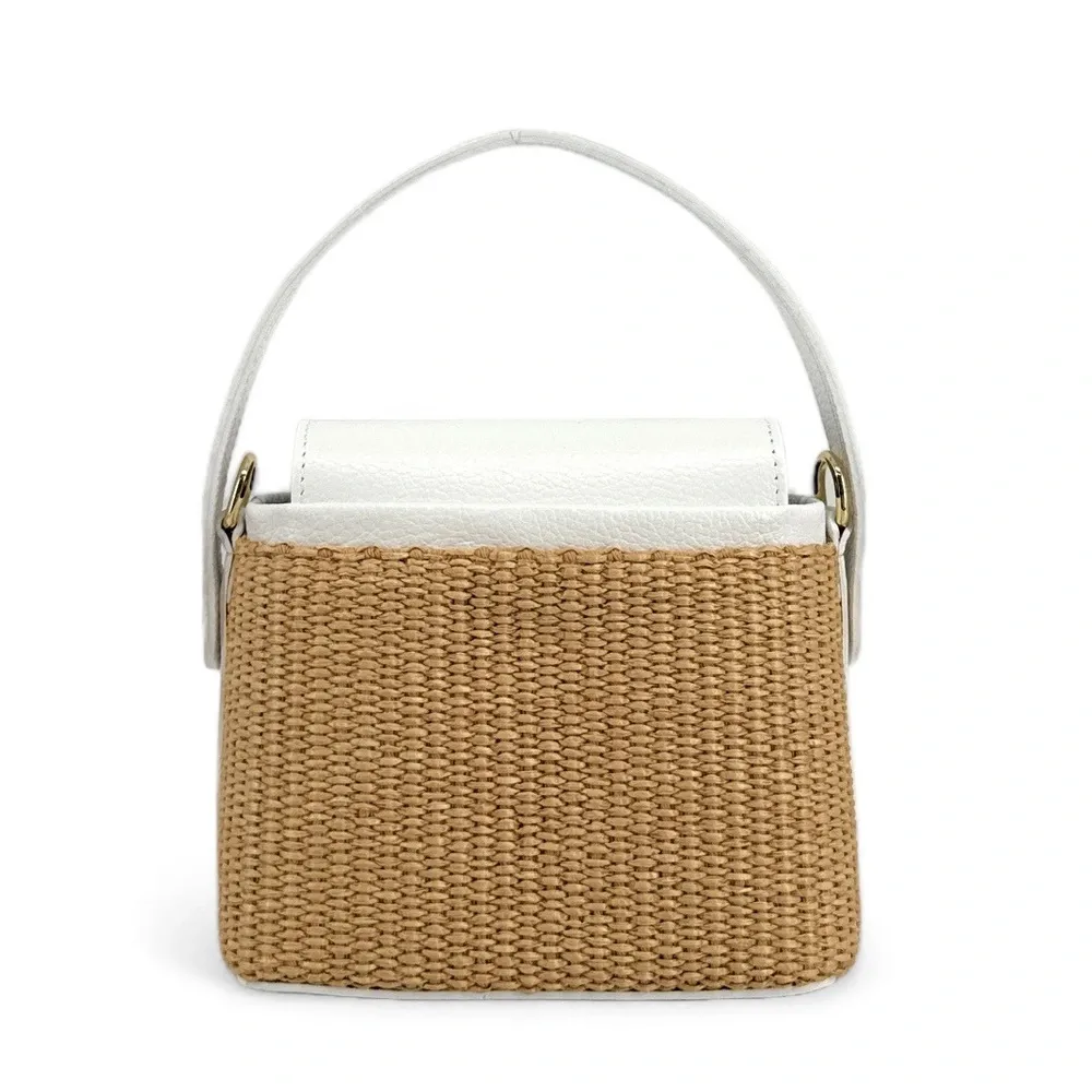 Mini-sac à main en cuir et raphia SIENNA Blanc - Image 9