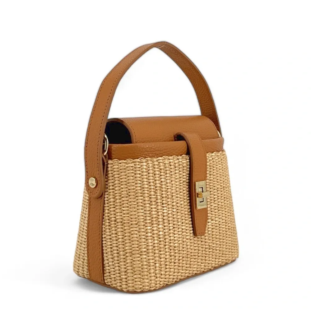 Mini-sac à main en cuir et raphia SIENNA Camel foncé - Image 5