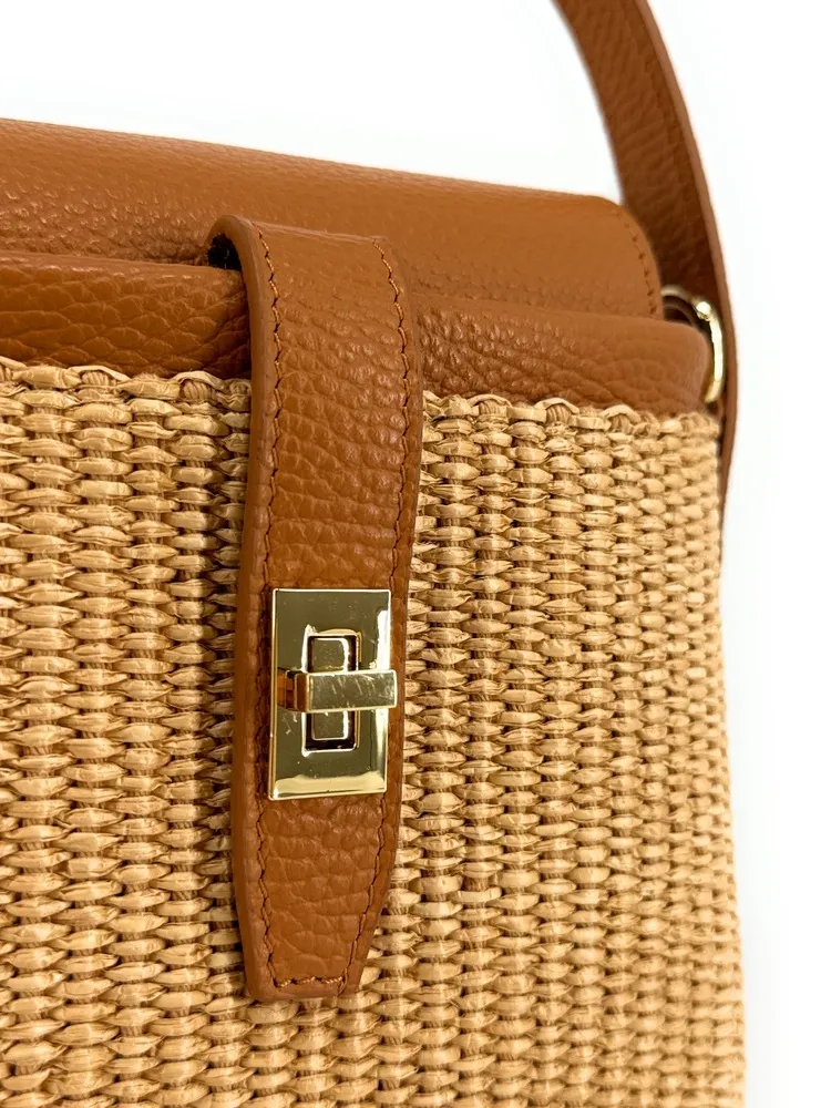 Mini-sac à main en cuir et raphia SIENNA Camel foncé - Image 8