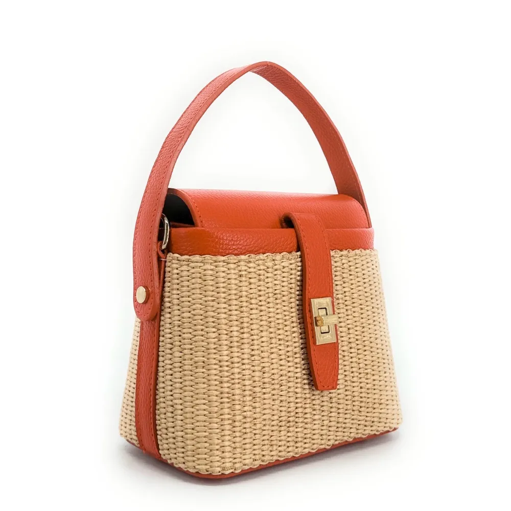 Mini-sac à main en cuir et raphia SIENNA Mandarine - Image 10