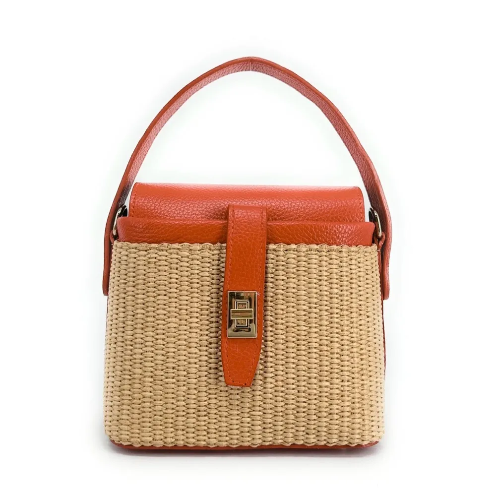 Mini-sac à main en cuir et raphia SIENNA Mandarine - Image 4