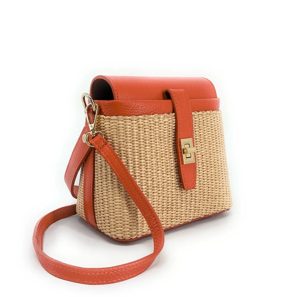Mini-sac à main en cuir et raphia SIENNA Mandarine - Image 5