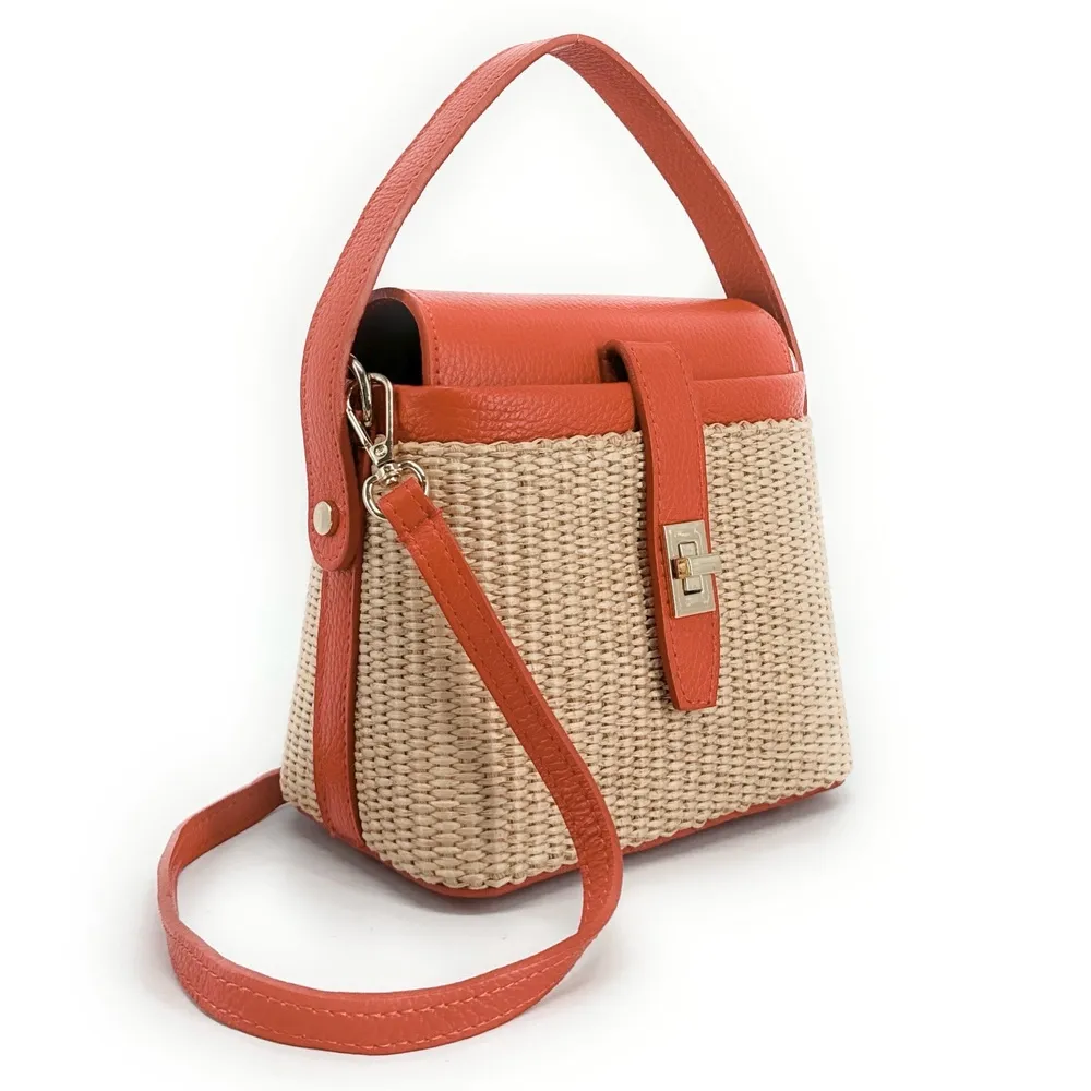 Mini-sac à main en cuir et raphia SIENNA Mandarine - Image 6