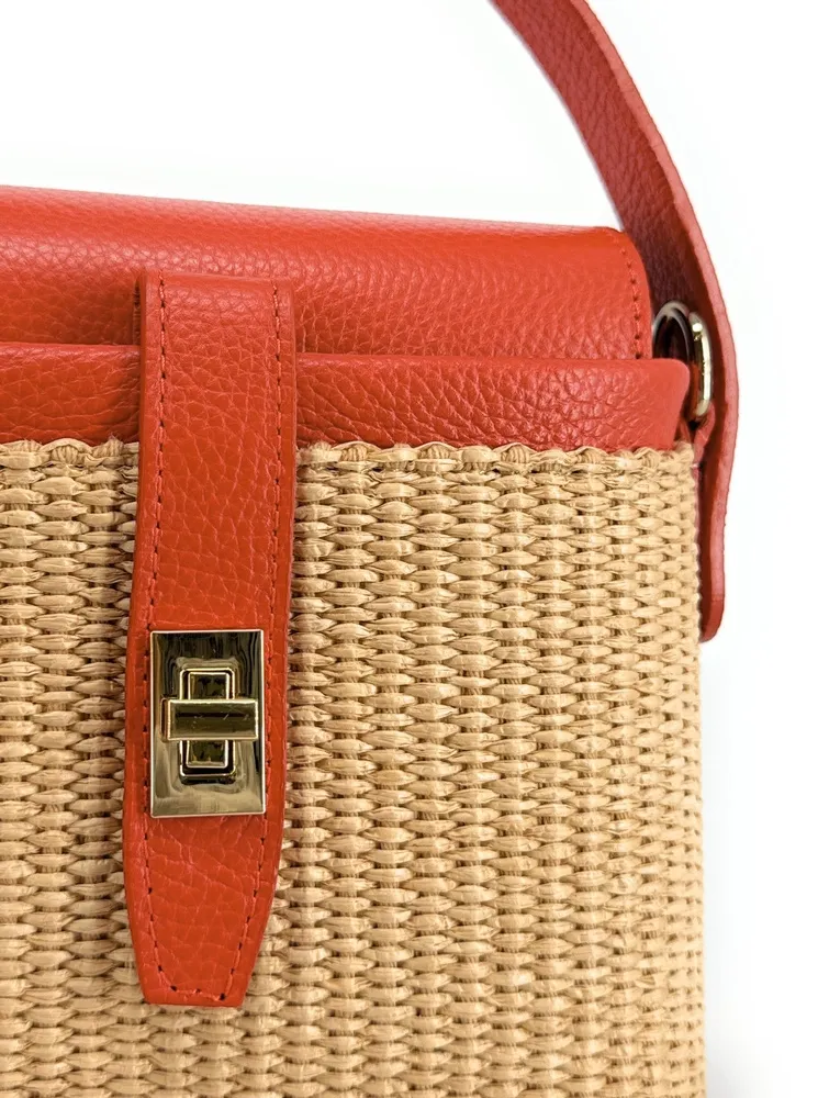 Mini-sac à main en cuir et raphia SIENNA Mandarine - Image 7