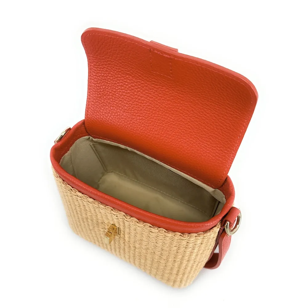 Mini-sac à main en cuir et raphia SIENNA Mandarine - Image 8