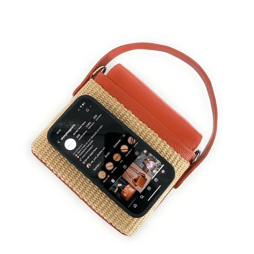 Mini-sac à main en cuir et raphia SIENNA Mandarine - Image 9