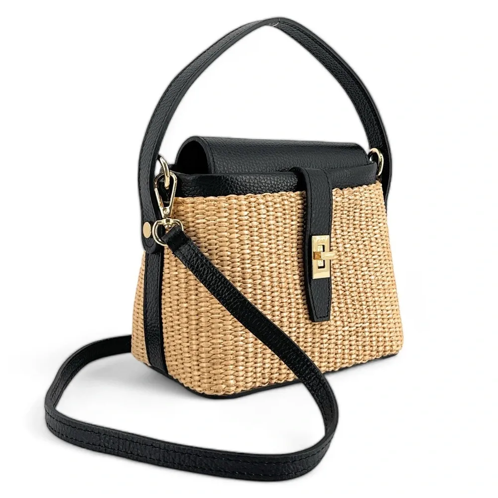 Mini-sac à main en cuir et raphia SIENNA Noir - Image 3