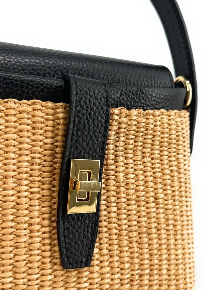Mini-sac à main en cuir et raphia SIENNA Noir - Image 4