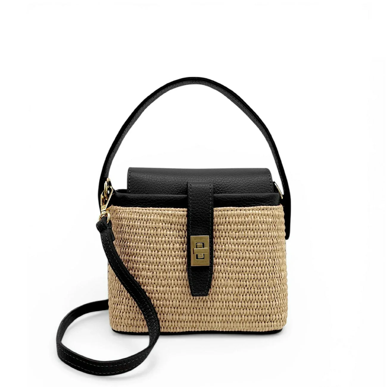 Mini-sac à main en cuir et raphia SIENNA Noir - Image 5