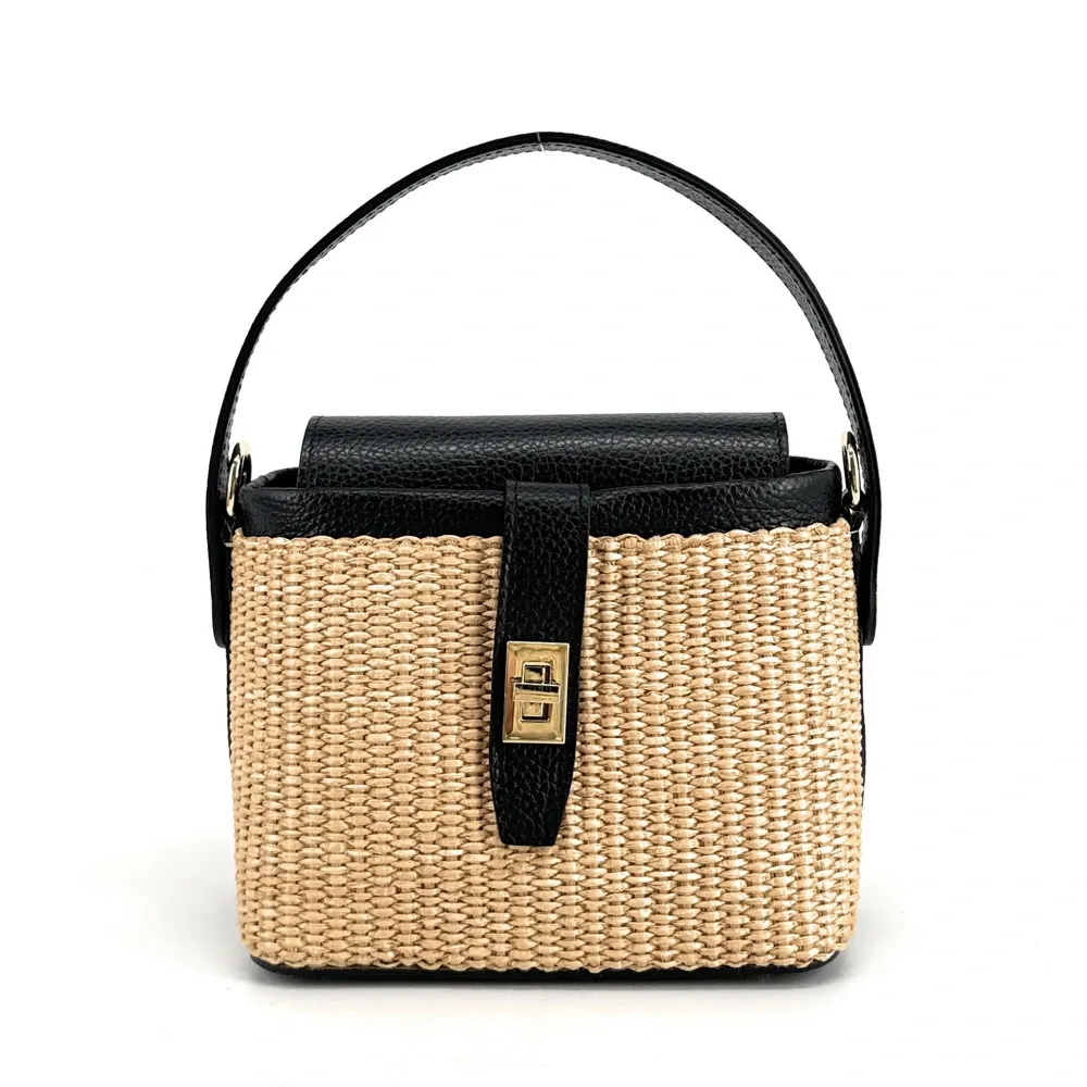 Mini-sac à main en cuir et raphia SIENNA Noir - Image 6