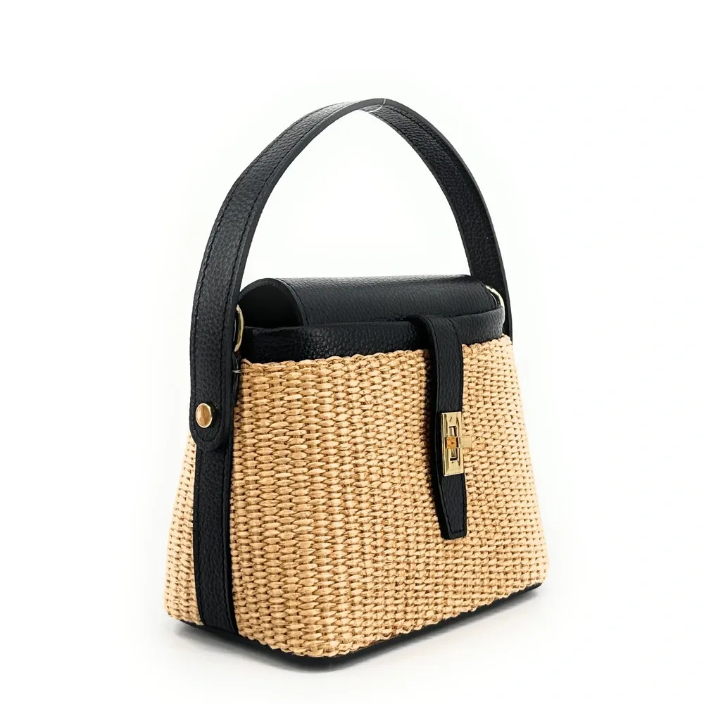 Mini-sac à main en cuir et raphia SIENNA Noir - Image 7