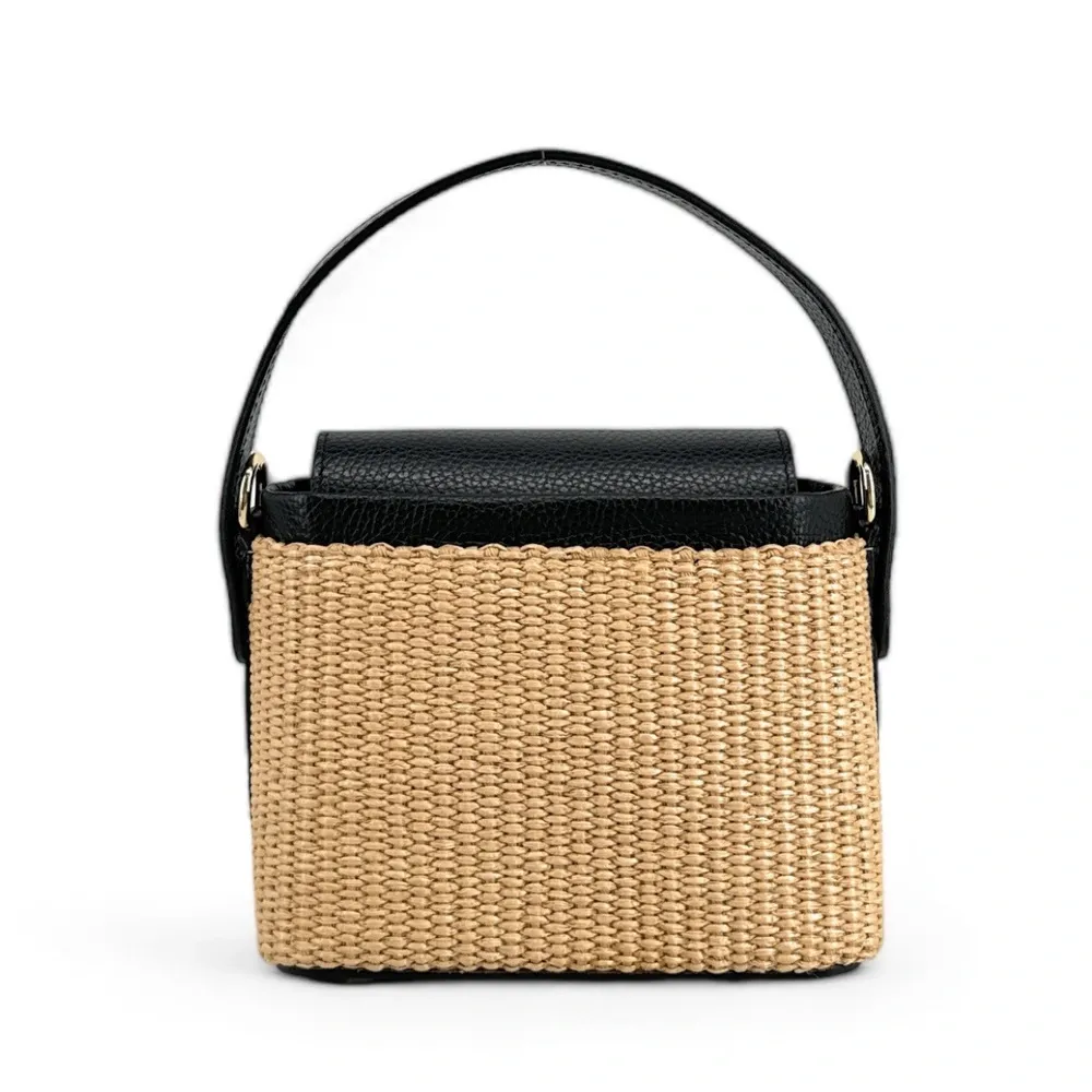 Mini-sac à main en cuir et raphia SIENNA Noir - Image 8
