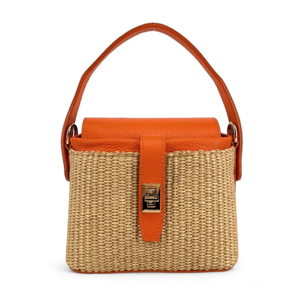 Mini-sac à main en cuir et raphia SIENNA Orange - Image 4