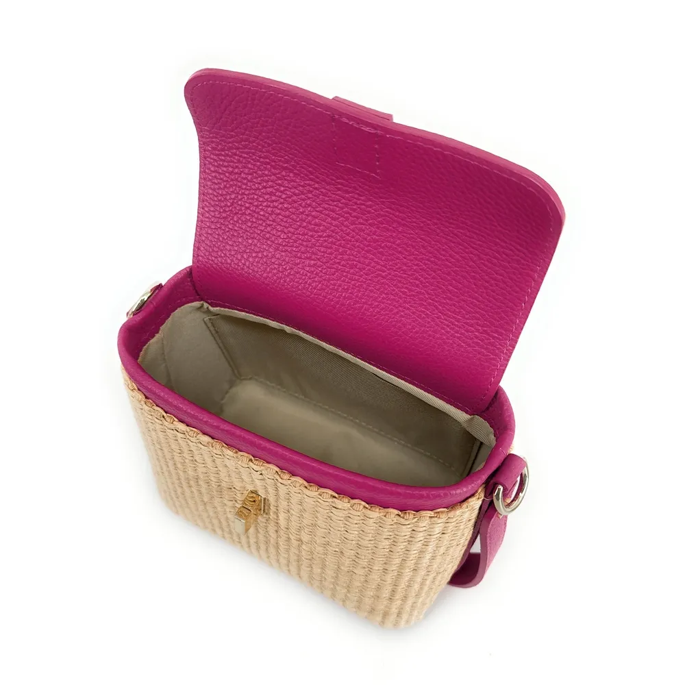 Mini-sac à main en cuir et raphia SIENNA Rose fuchsia - Image 10