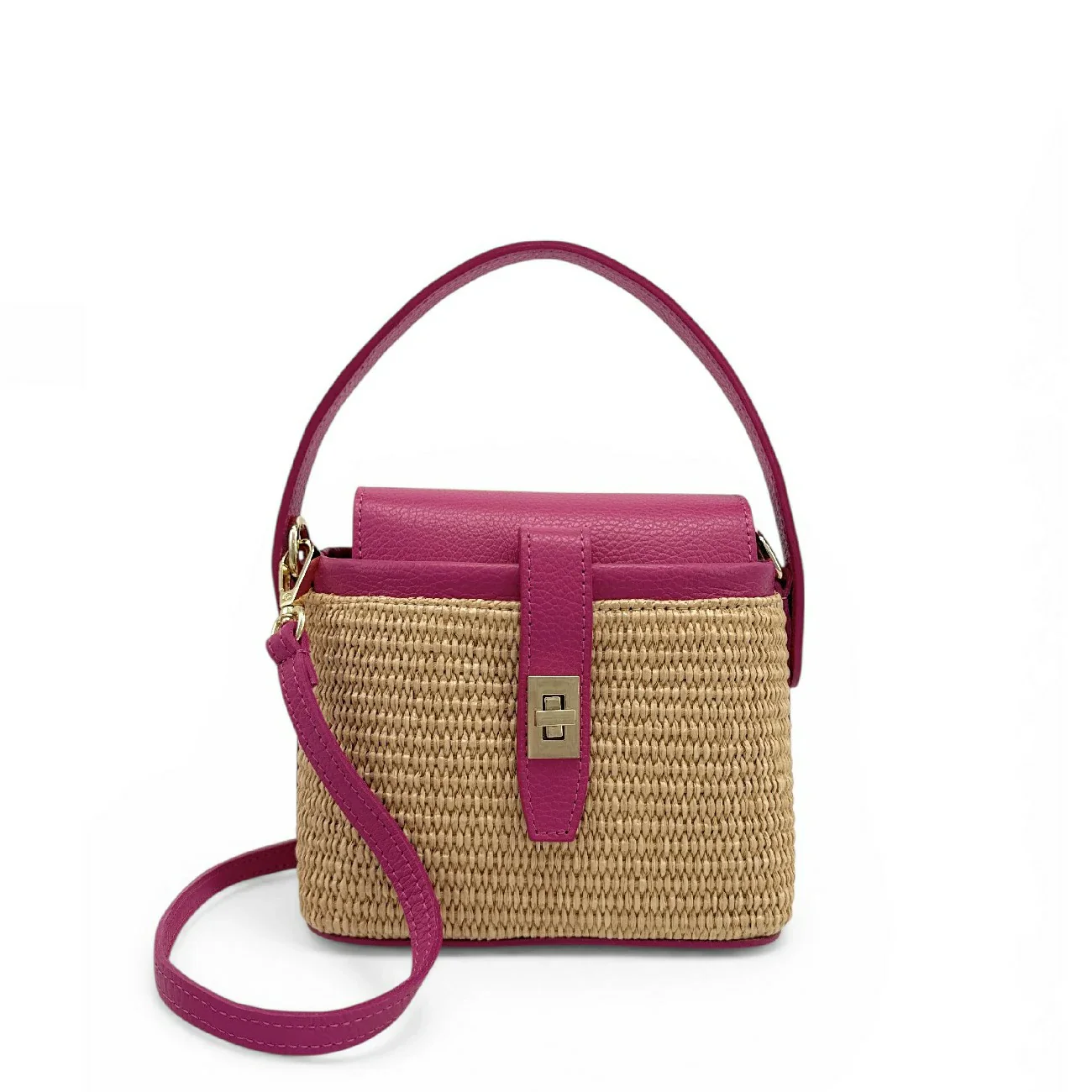 Mini-sac à main en cuir et raphia SIENNA Rose fuchsia - Image 11