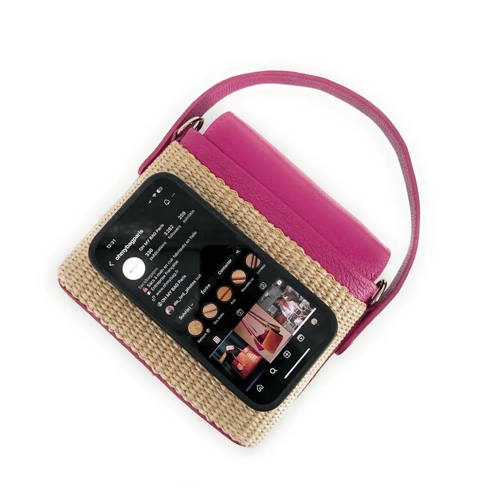 Mini-sac à main en cuir et raphia SIENNA Rose fuchsia - Image 3