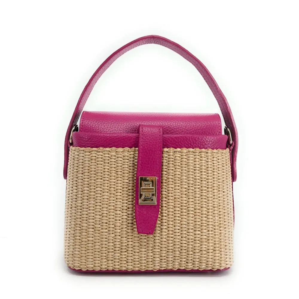 Mini-sac à main en cuir et raphia SIENNA Rose fuchsia - Image 4