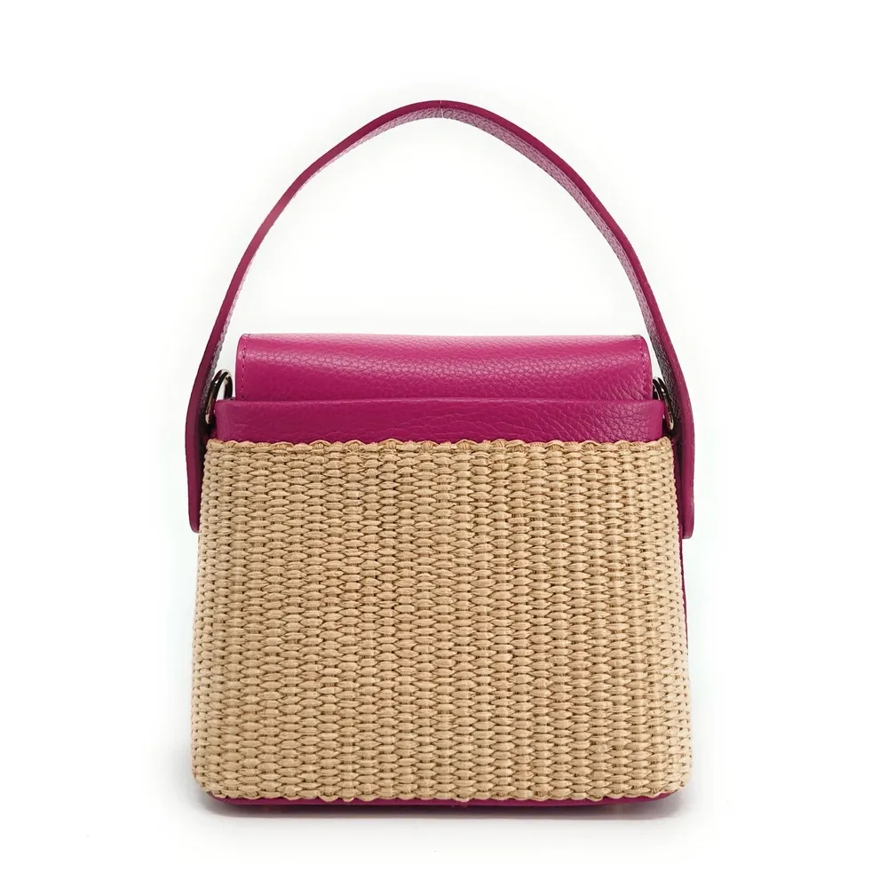Mini-sac à main en cuir et raphia SIENNA Rose fuchsia - Image 5