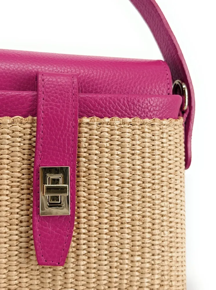 Mini-sac à main en cuir et raphia SIENNA Rose fuchsia - Image 6