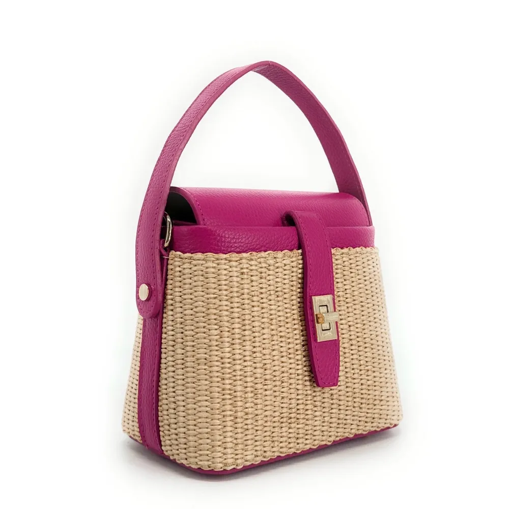 Mini-sac à main en cuir et raphia SIENNA Rose fuchsia - Image 7