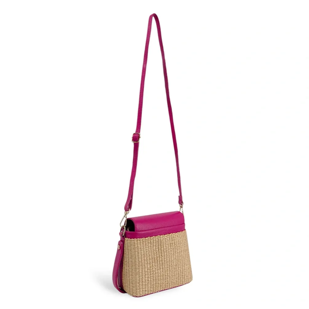 Mini-sac à main en cuir et raphia SIENNA Rose fuchsia - Image 8