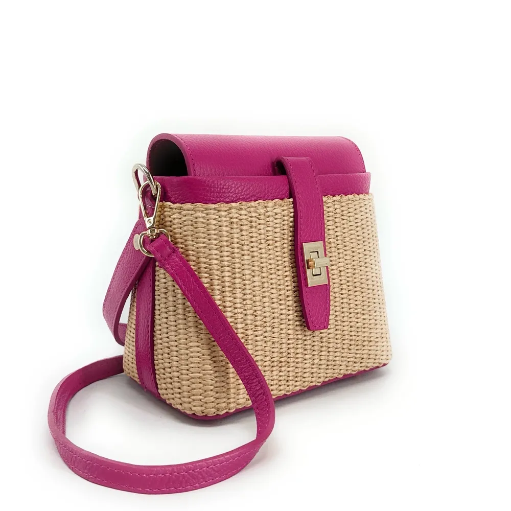 Mini-sac à main en cuir et raphia SIENNA Rose fuchsia - Image 9